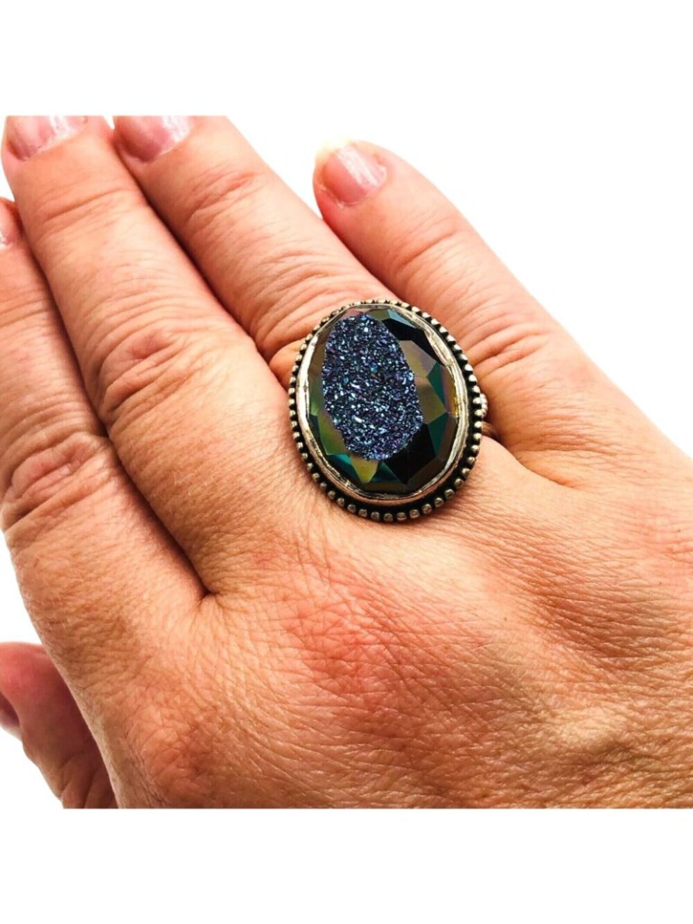 Colleen Lopez Womens Sterling Silver Drusy Quartz Adjustable Ring